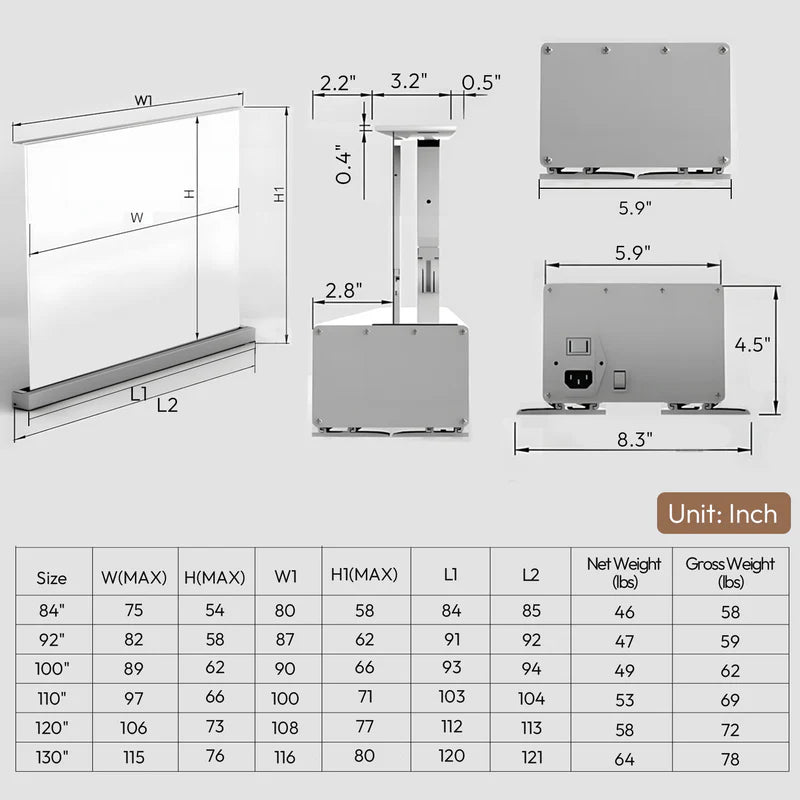 100''-120'' NothingProjector Matte White Motorized Floor Rising Screen For Long/Short/UST Projectors