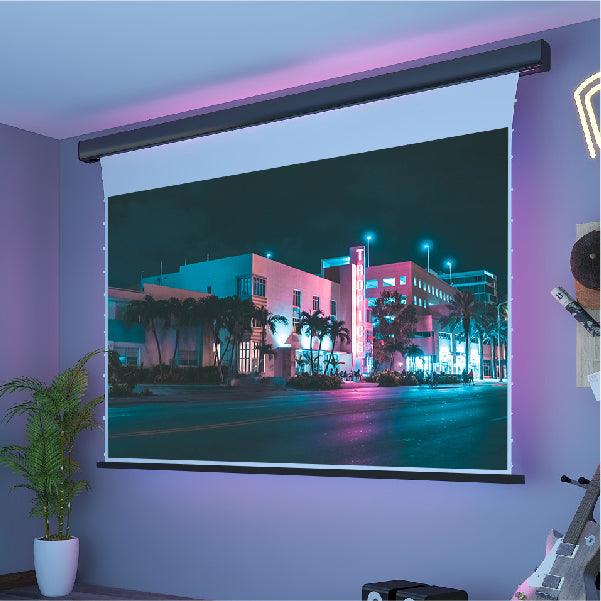 Pantalla de cine eléctrica de tensión VividStorm Slimline para pared o techo, color blanco (120")