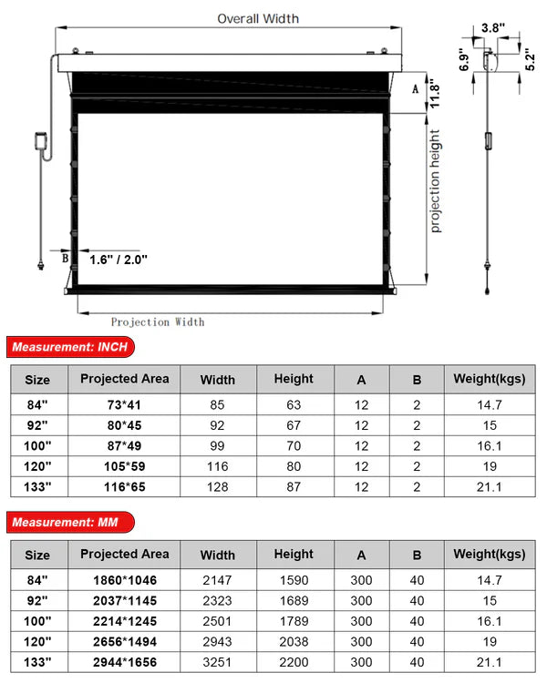 100" - 120" NothingProjector Black Series Slimline Motorized Tension Drop Down ALR Projector Screen (UST)