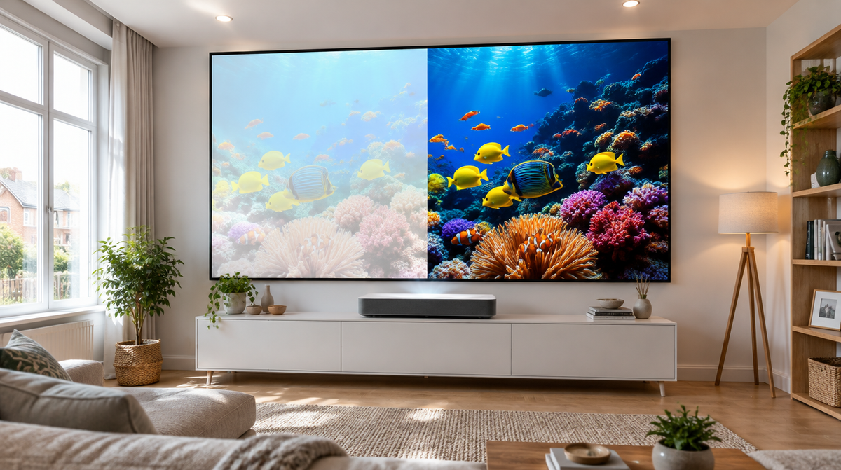 The same picture on a washed-out matte white screen and a vivid ALR screen in a bright living room