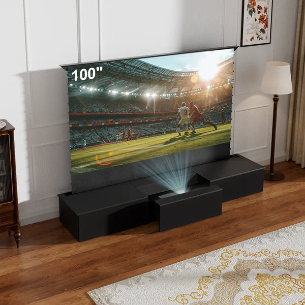 100-120" Shore Black Motorized Laser TV Flat Pack Cabinet