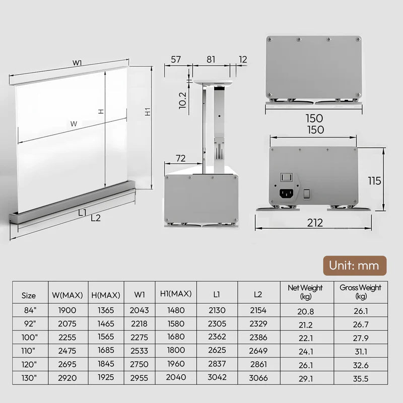 100''-120'' NothingProjector Matte White Motorized Floor Rising Screen For Long/Short/UST Projectors