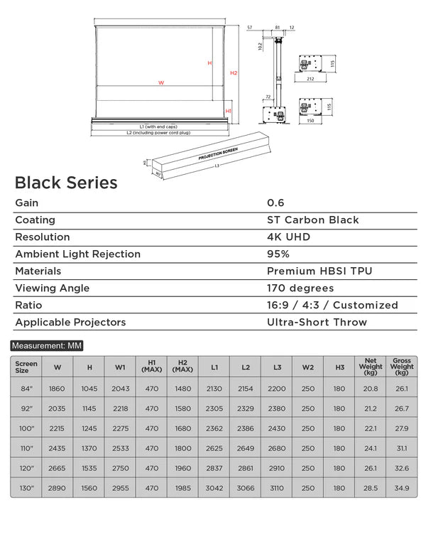 100" - 120" Nothing Projector Black Series ALR Motorized Floor Rising Screen (UST)