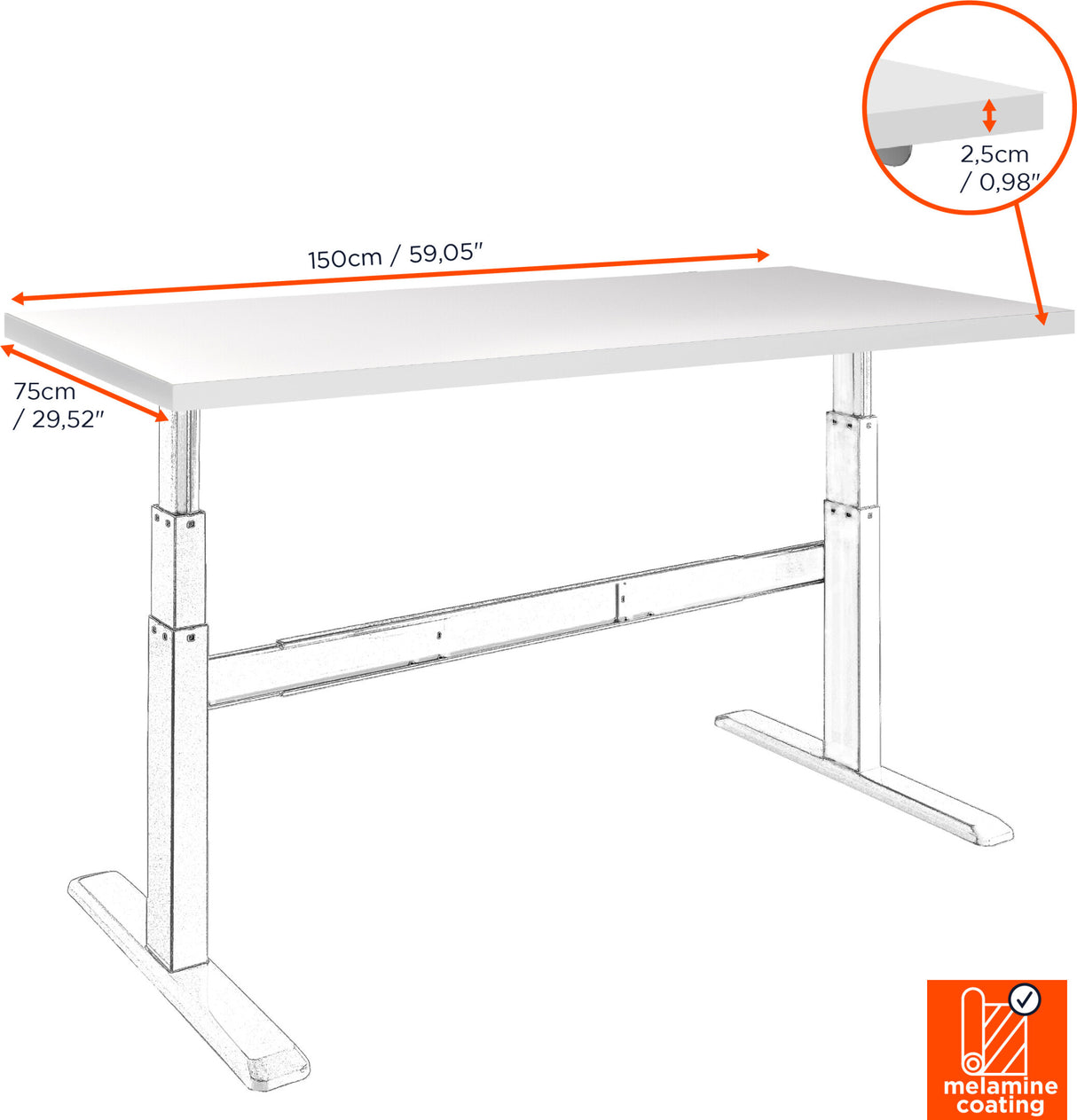 66" Celexon table top 150 x 75cm for adjust desk, white